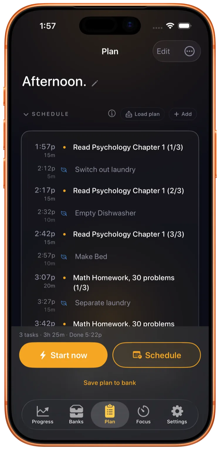 The Plan tab in Ebbi showing a typed-out day with time estimates