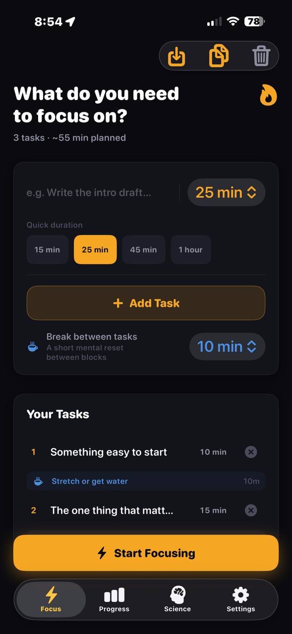 Ebbi task planning screen