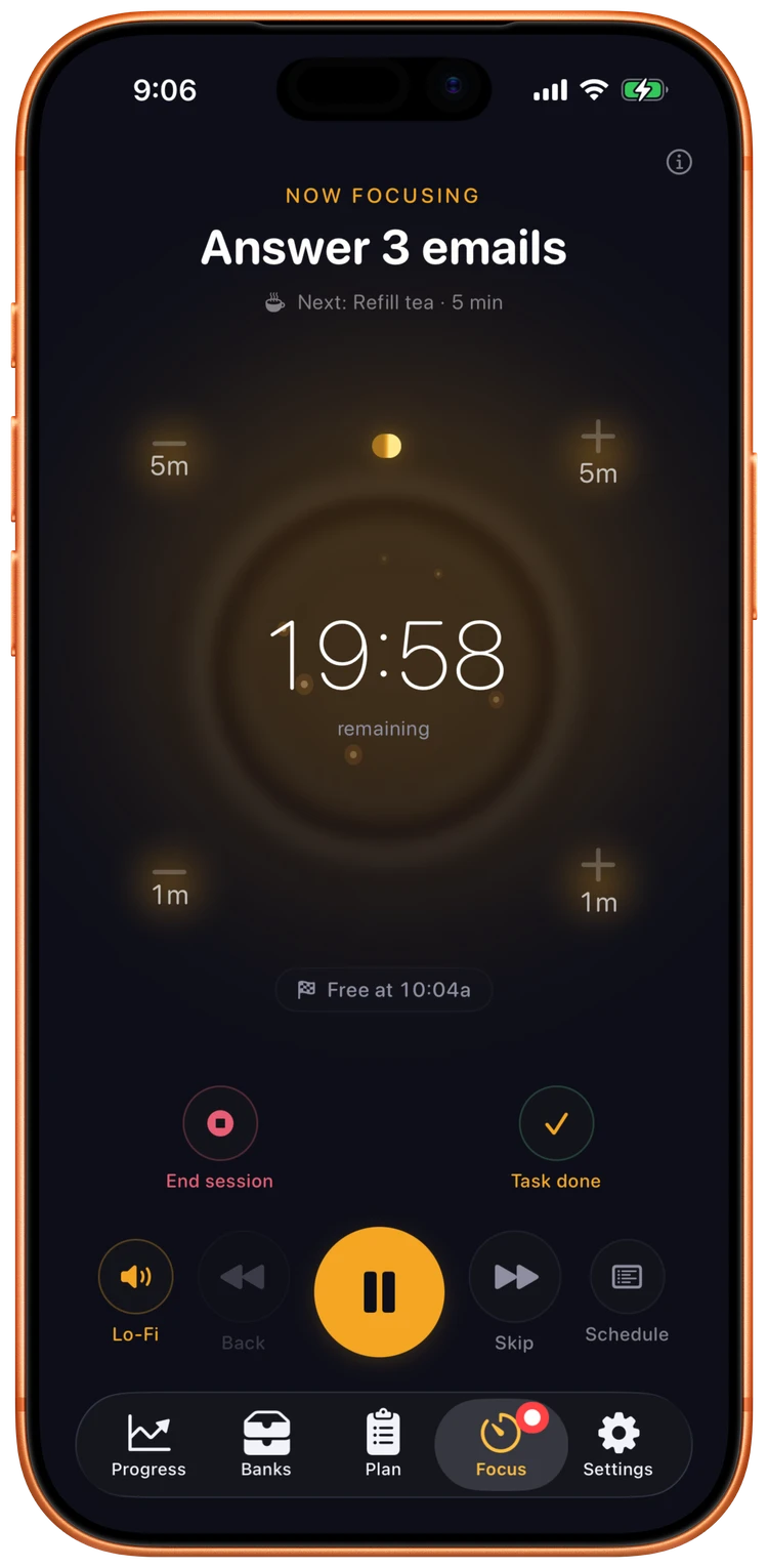 Ebbi focus session timer with countdown ring