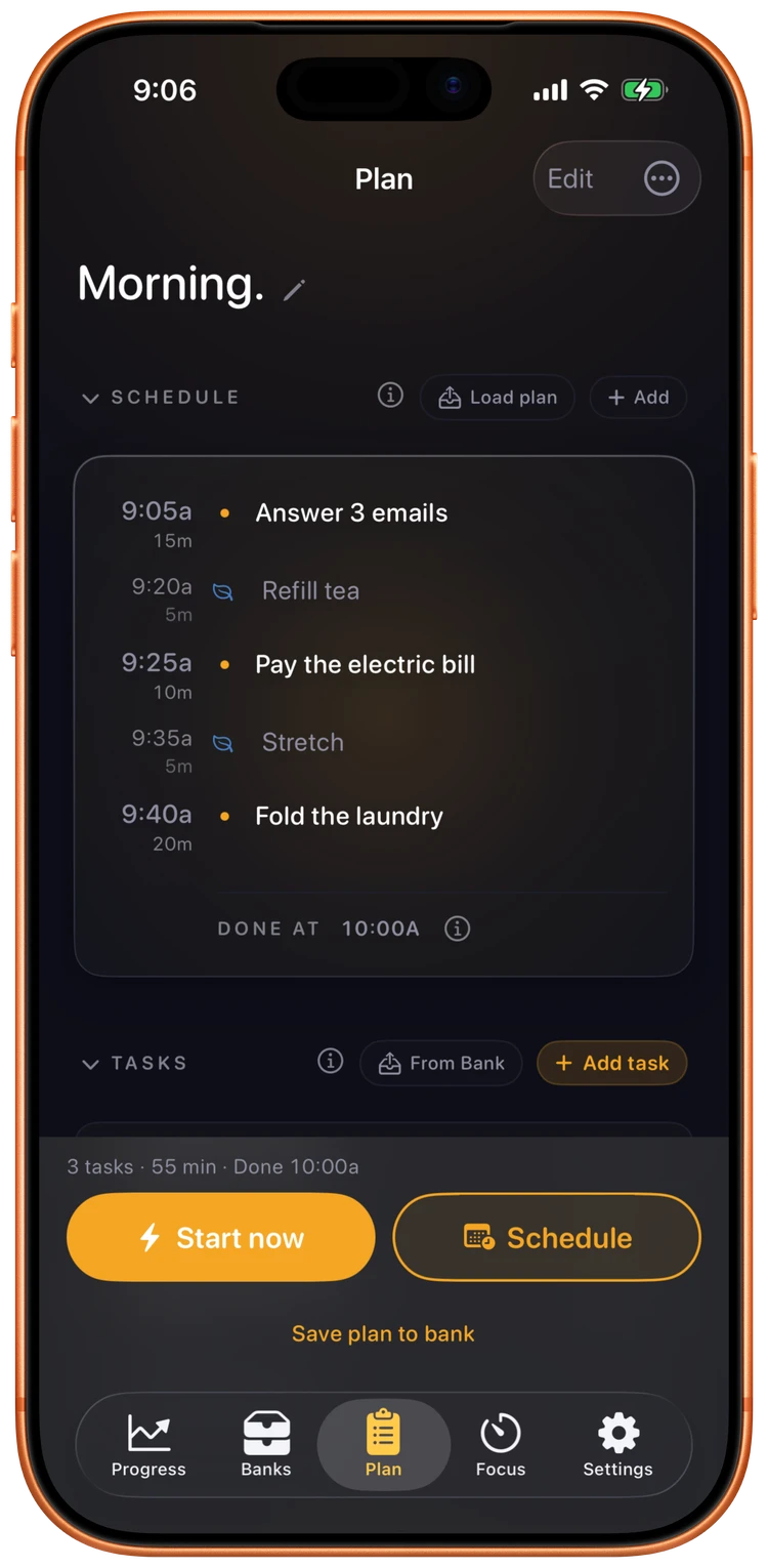 Ebbi planning an afternoon with tasks and resets