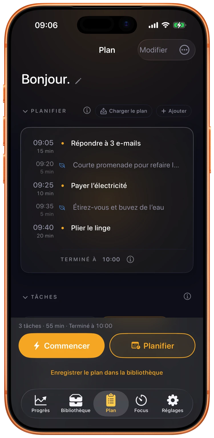 Ebbi planifiant un après-midi avec des tâches et des resets