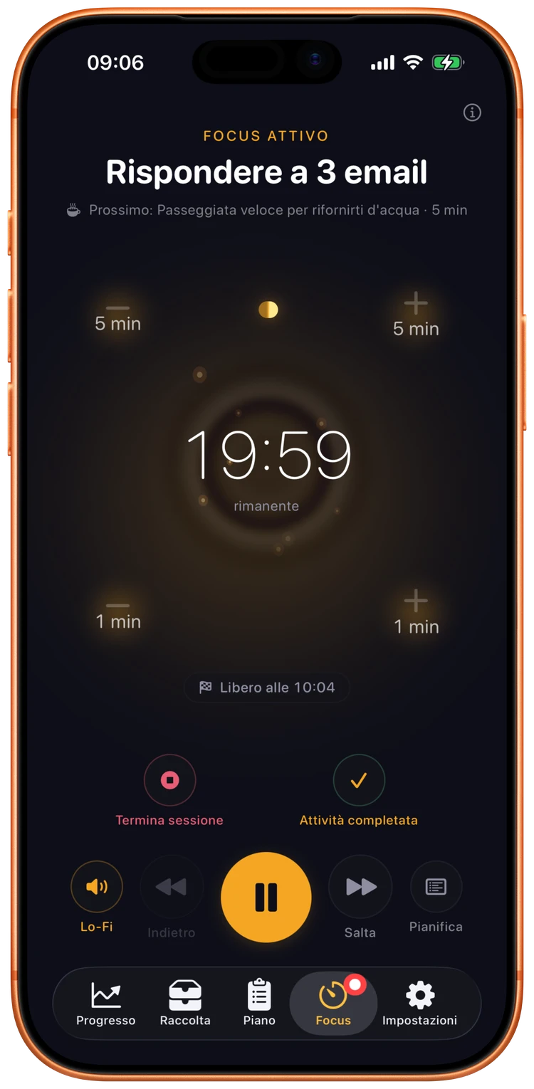 Timer di una sessione di Focus in Ebbi con l'anello del conto alla rovescia