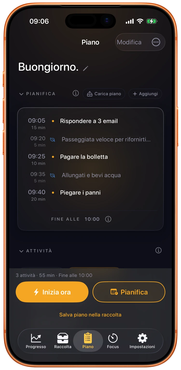 Ebbi che pianifica un pomeriggio con attività e reset